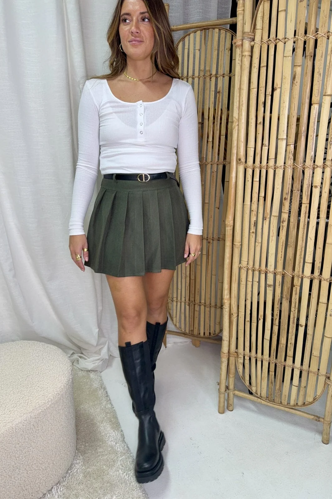 A-bee - Pleated Skirt CAMILLE - Khaki - Image 3