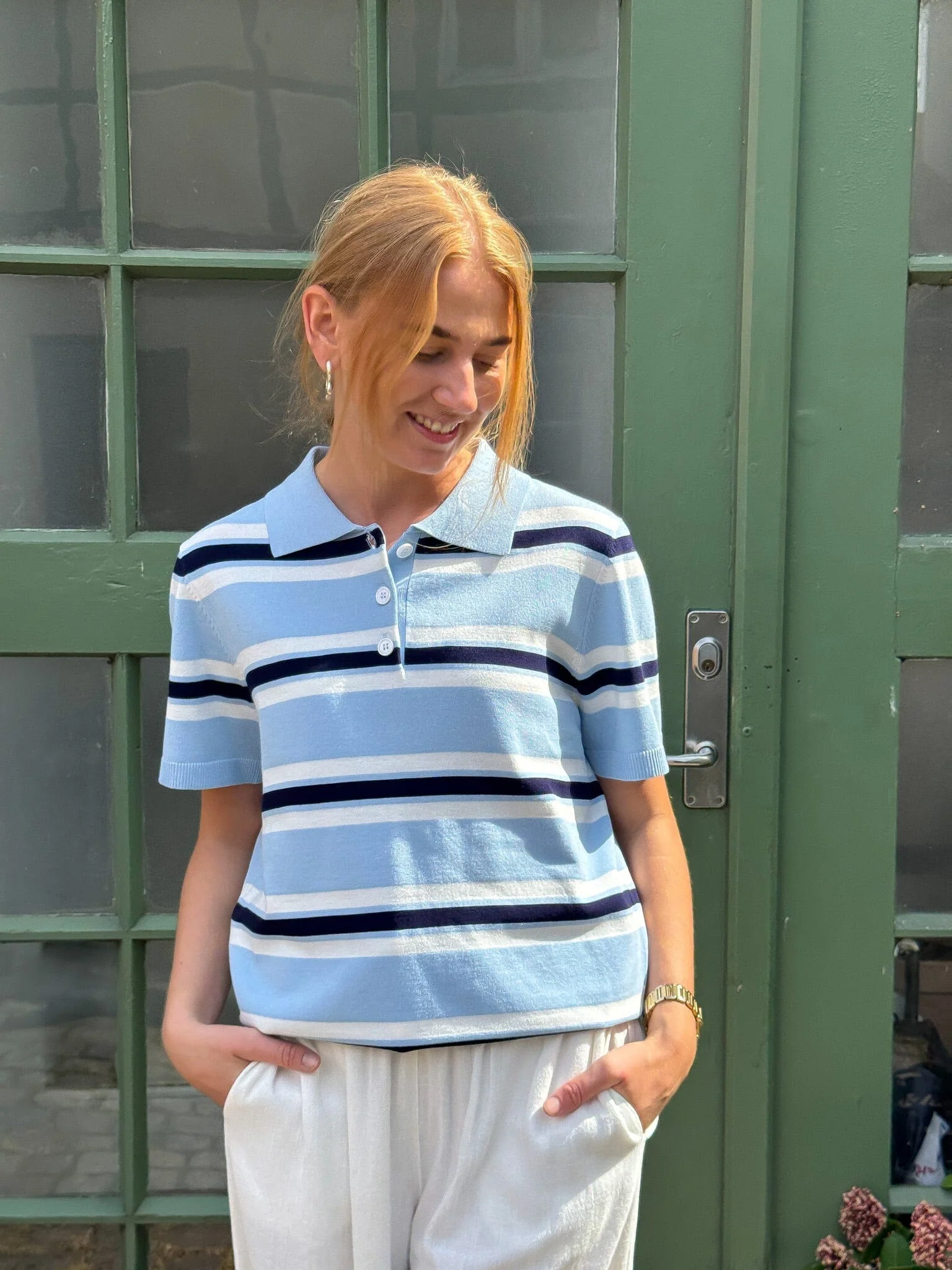 A-VIEW - Polo Stripe Knit Blouse AV5060 - 100 - Light Blue/White Stripe - Image 5