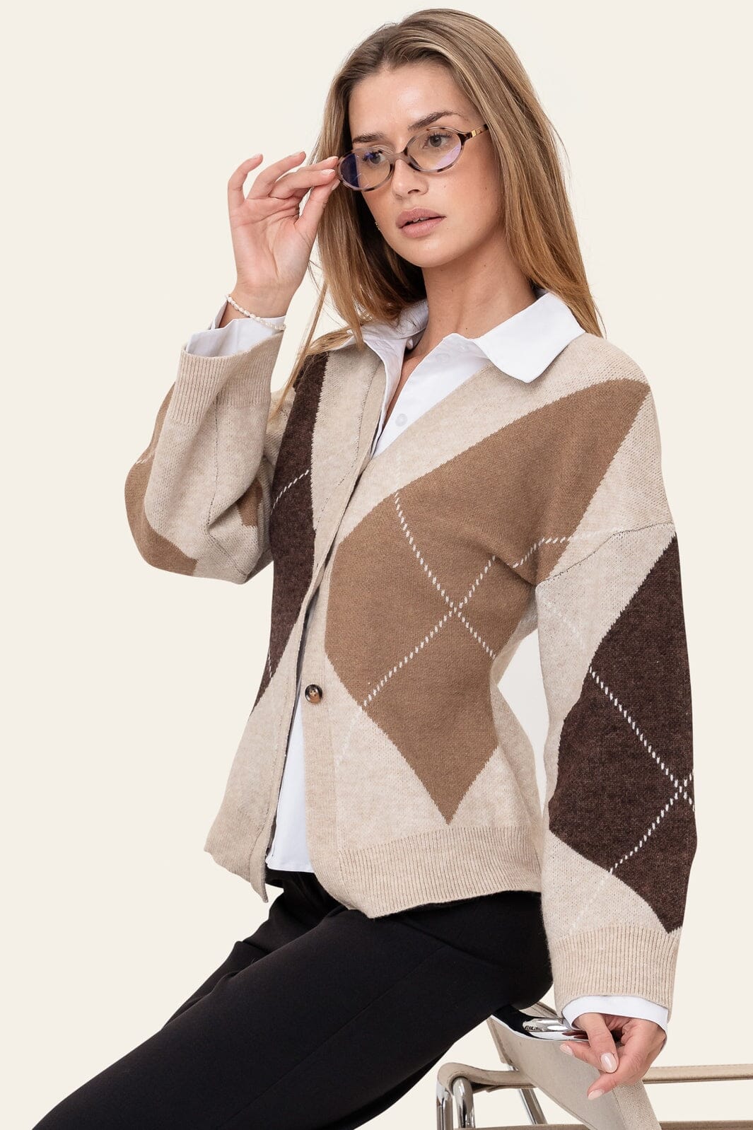 BYIC - Karmaic Fitted Cardigan H081 - Beige Argyle - Image 6