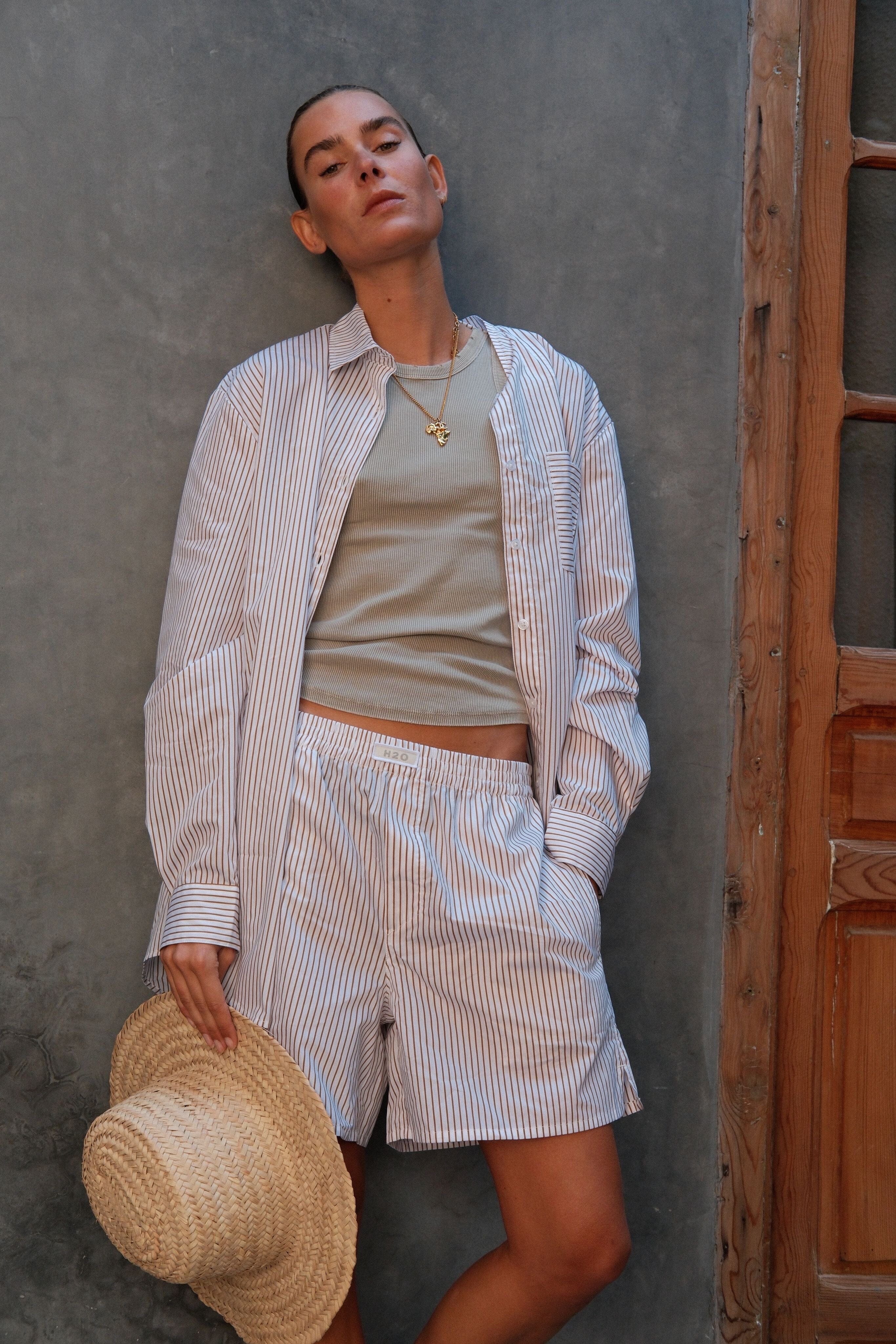 H2O - Rønne Essential Pajamas Shirt L/S 101018-2 - 7043 - White/Brown