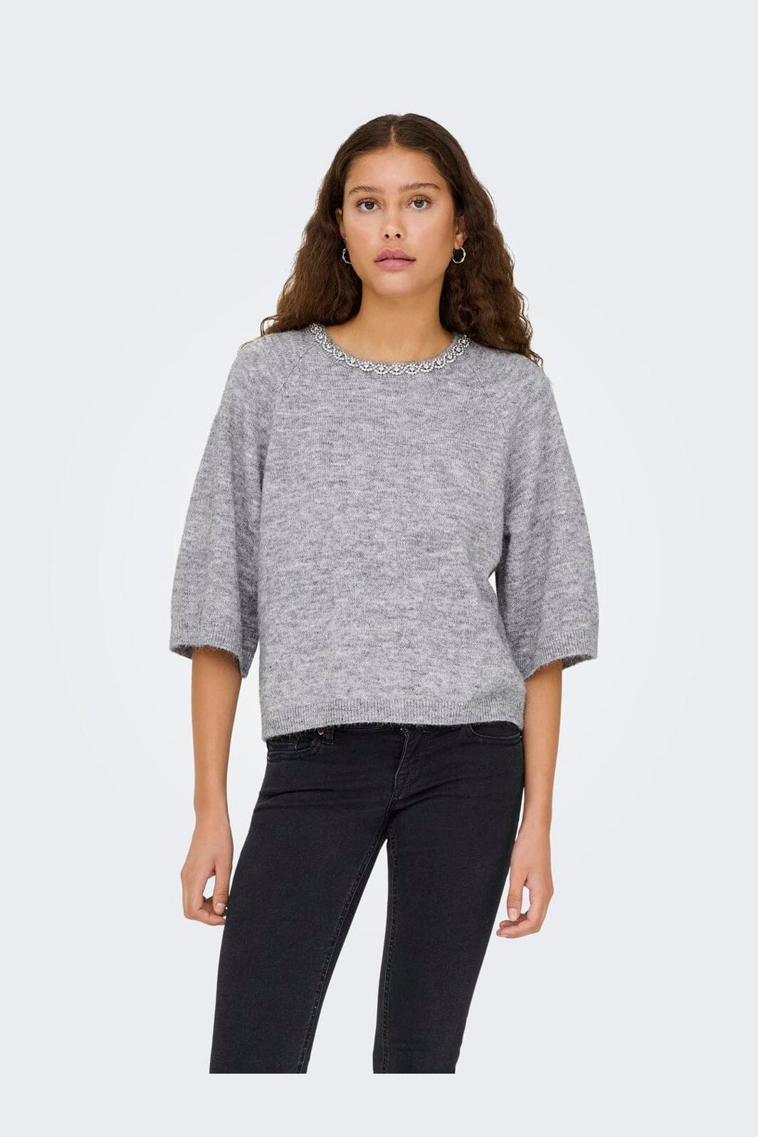 JDY - Jdyalva Life 3/4 Embellish Pull Knt - 4957225 Medium Grey Melange W. Silver Embellishment - Image 2