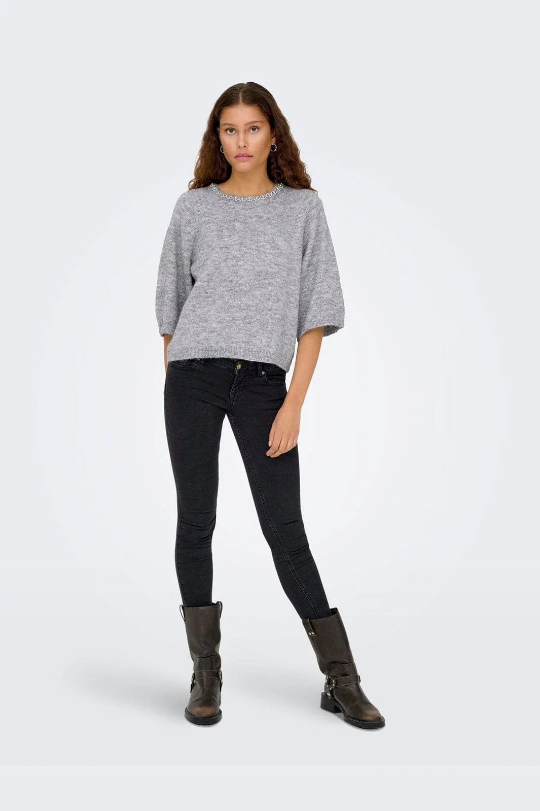 JDY - Jdyalva Life 3/4 Embellish Pull Knt - 4957225 Medium Grey Melange W. Silver Embellishment - Image 3