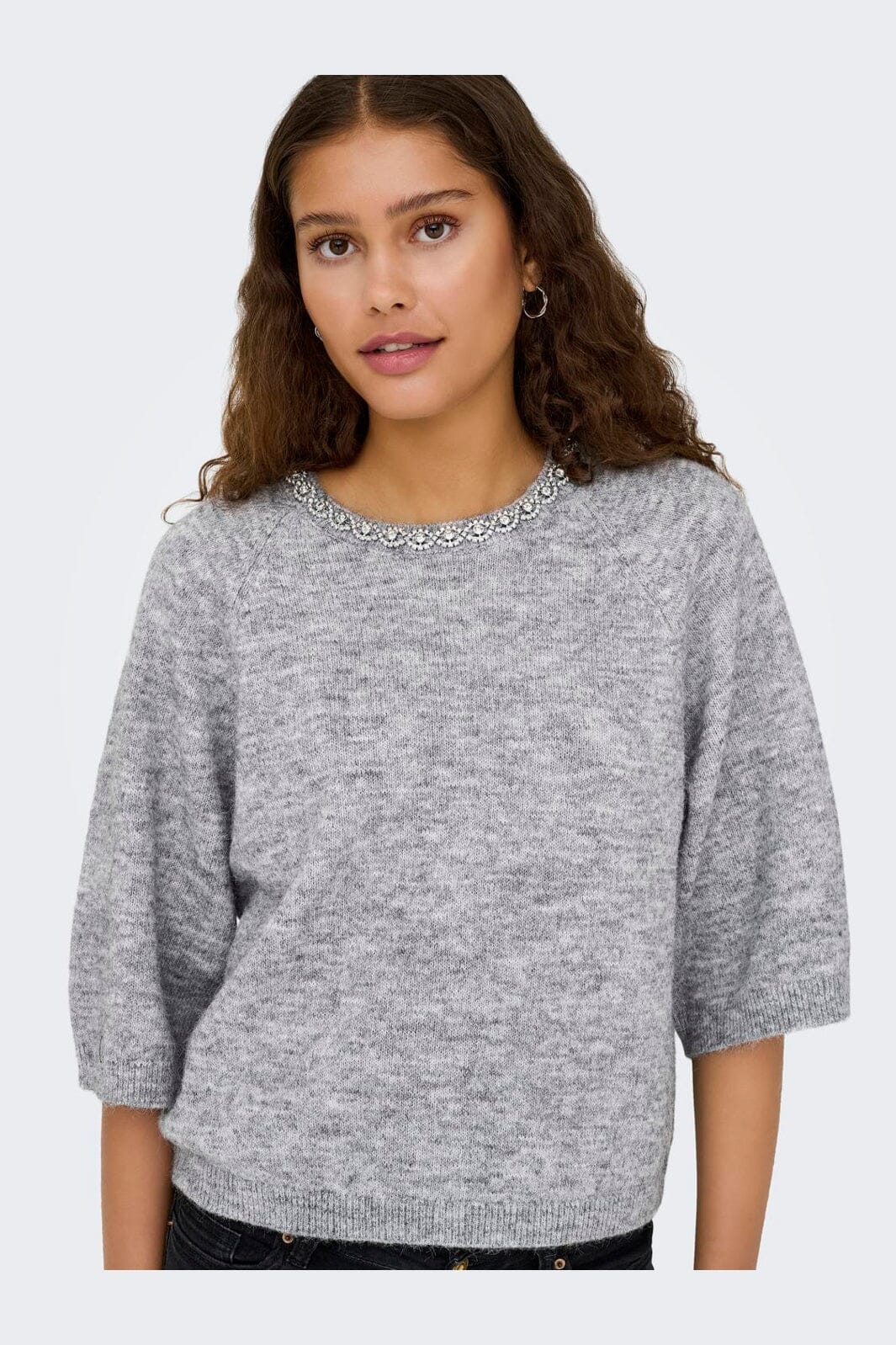JDY - Jdyalva Life 3/4 Embellish Pull Knt - 4957225 Medium Grey Melange W. Silver Embellishment - Image 6