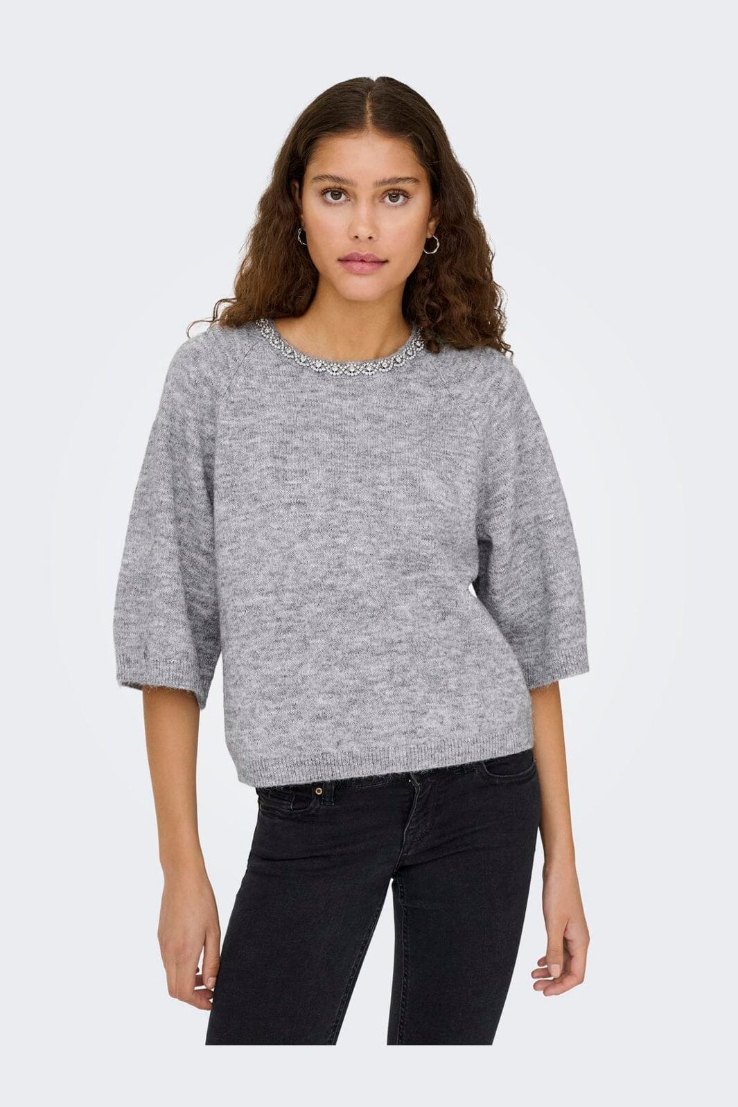 JDY - Jdyalva Life 3/4 Embellish Pull Knt - 4957225 Medium Grey Melange W. Silver Embellishment - Image 7