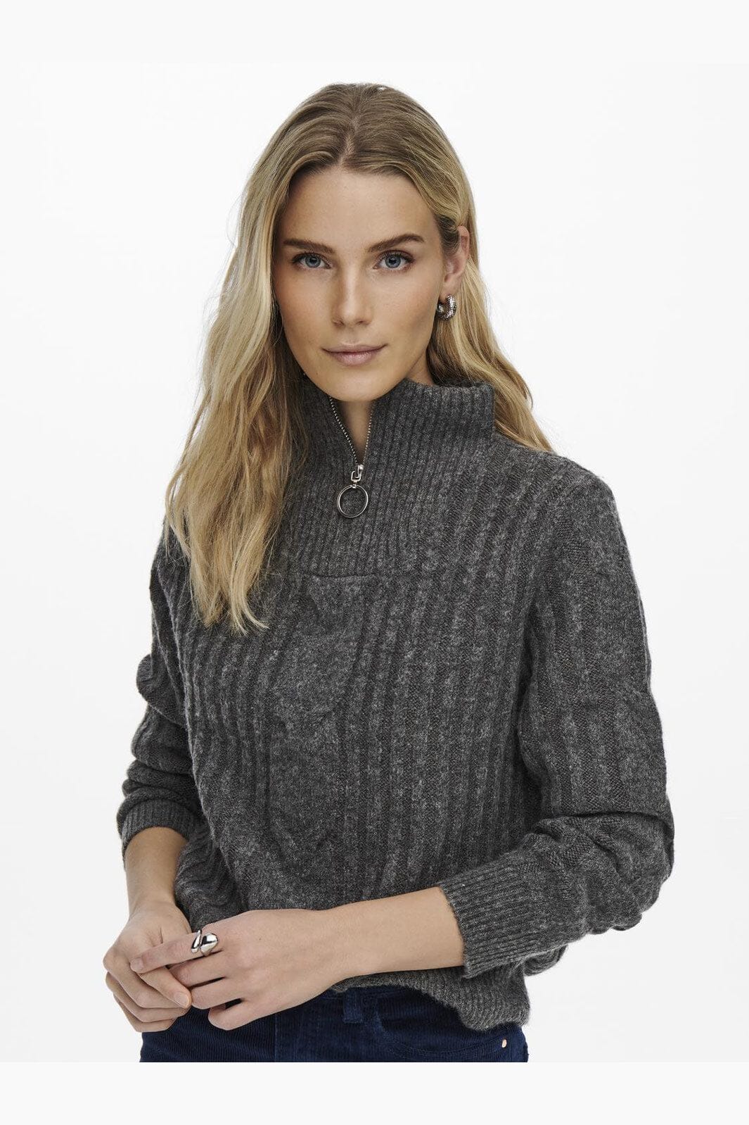 JDY - Jdyandrea L/S Zip Cable Pullove Knt - 3808118 Dark Grey Melange - Image 6