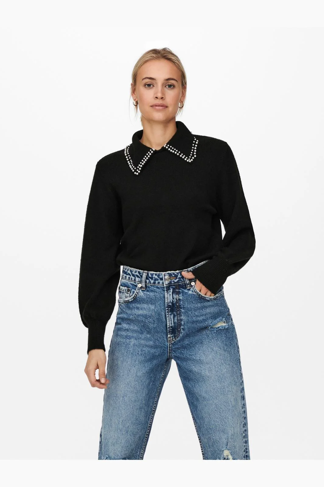 JDY - JDYaubray Life L/S Pearl Pullover Knt - 3818554 Black W White Pearl Collar - Image 3