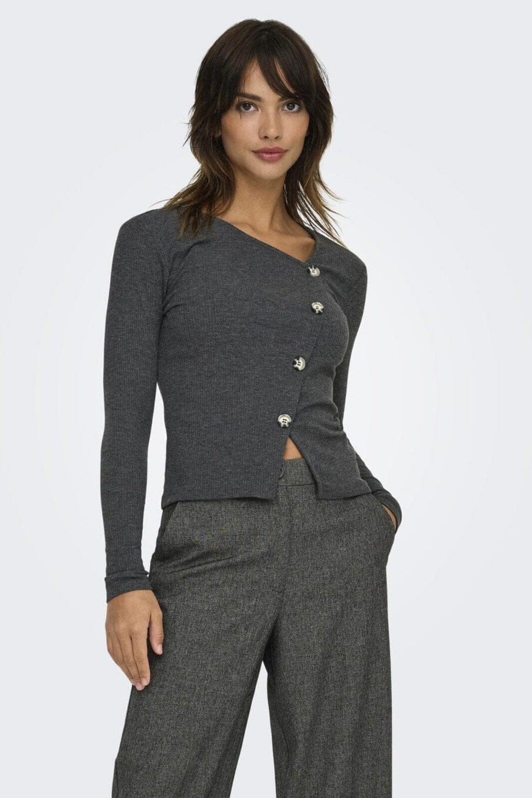 JDY - Jdyfreya L/S Button Top - 4611739 Dark Grey Melange Melange - Image 2