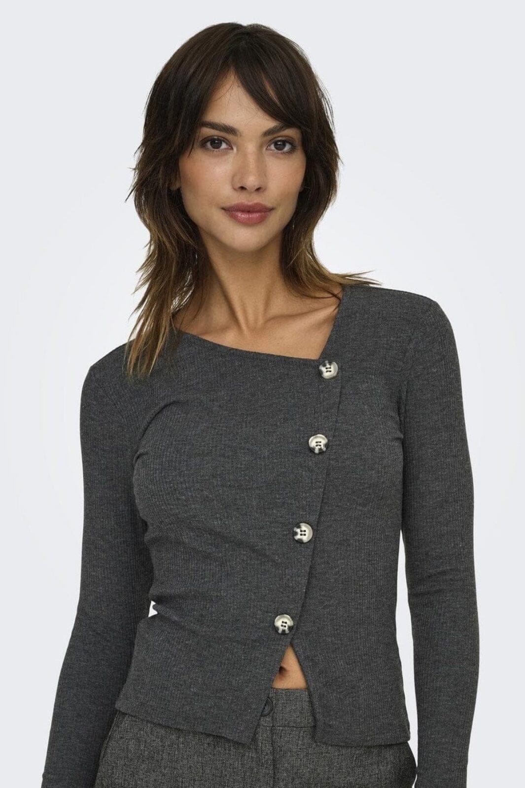 JDY - Jdyfreya L/S Button Top - 4611739 Dark Grey Melange Melange - Image 5