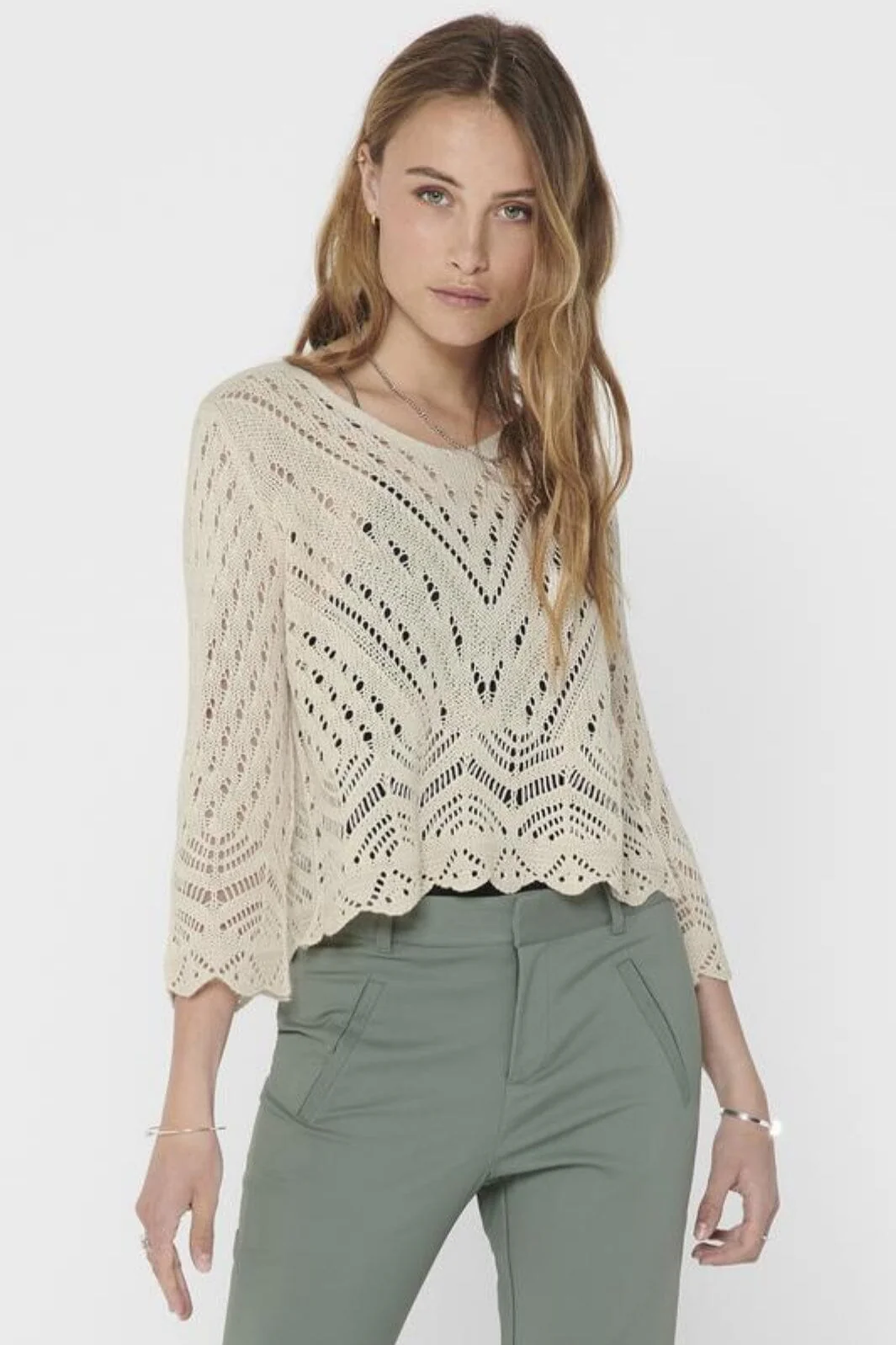 JDY - Jdynew Sun 3/4 Cropped Pullover Knt - 3453199 Tapioca - Image 6