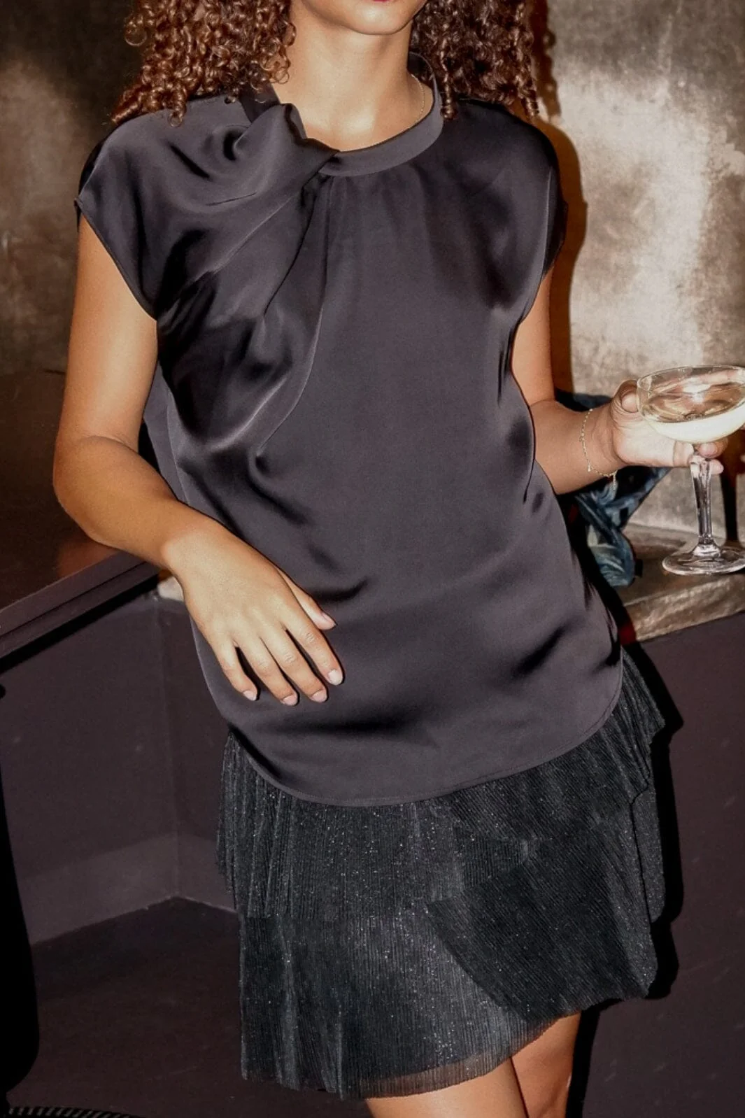Neo Noir - Fleur Drapy Satin Blouse - 100 Black - Image 2