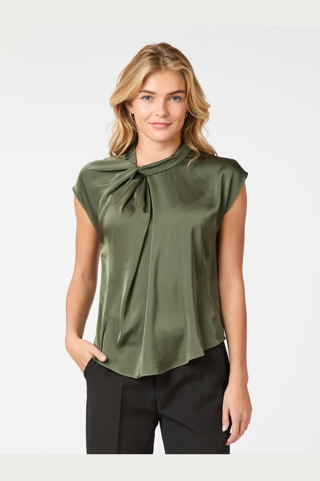 Neo Noir - Fleur Drapy Satin Blouse 160990 - Army - Image 2