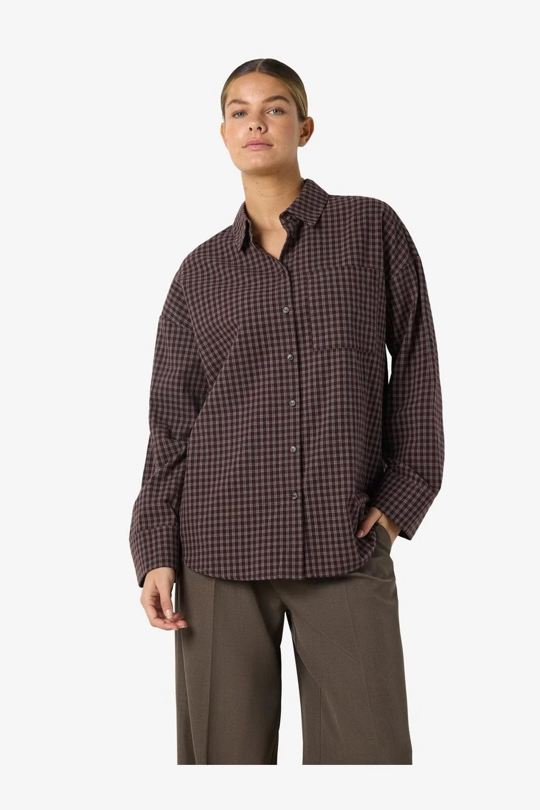 Noisy May - Nmhailey Zoe L/S Check Shirt - 5117232 Chocolate Brown Birch - Image 2