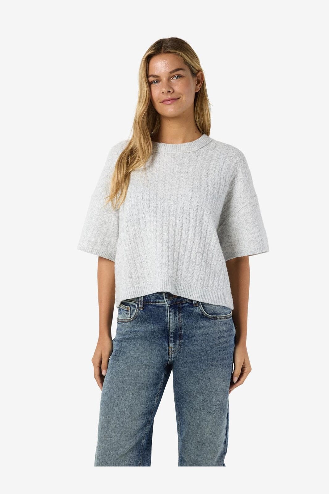 Noisy May - Nmsmilla S/S Cable Knit Top - 4923869 Light Grey Melange - Image 7