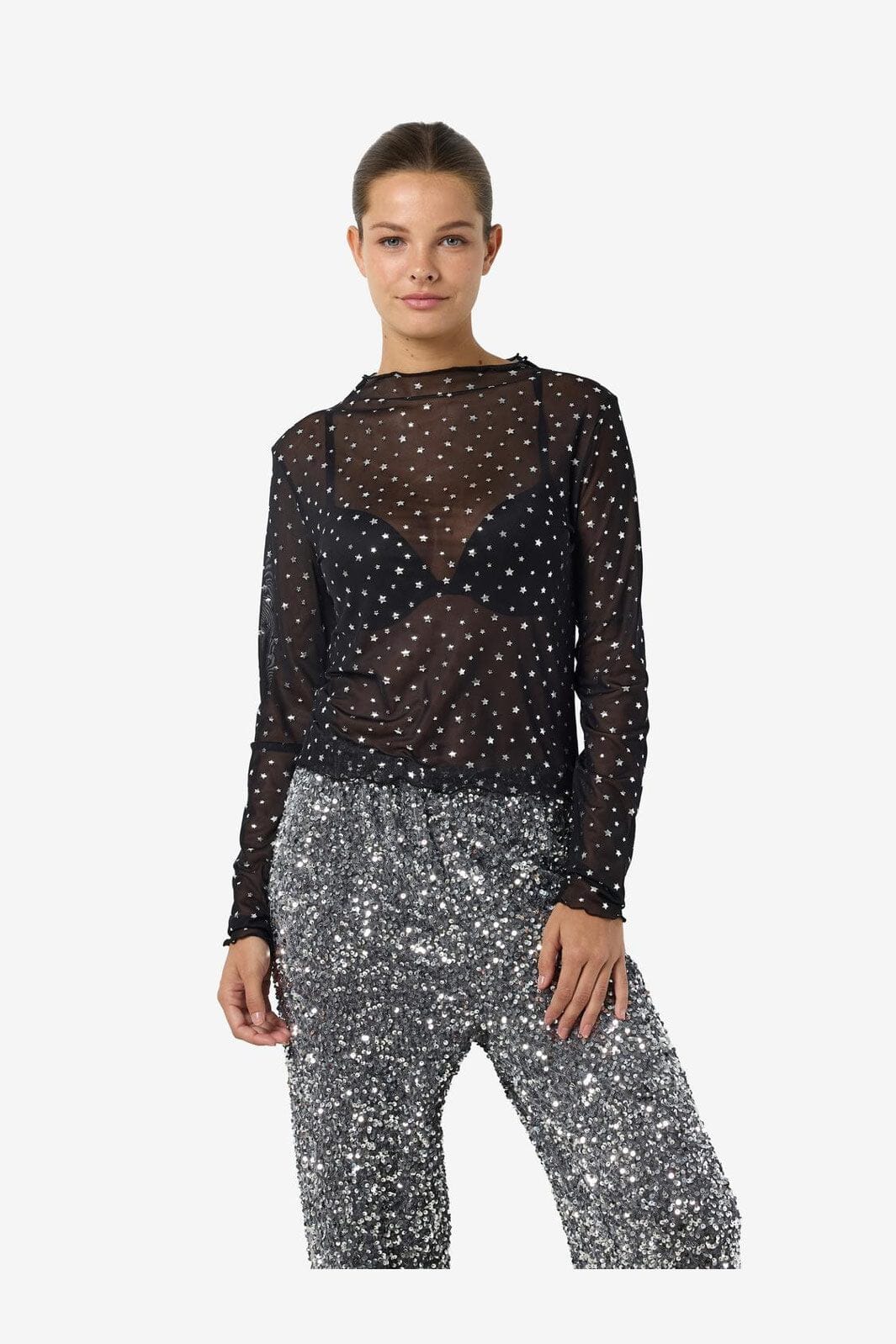 Noisy May - Nmstar Foil L/S High Neck Mesh Fwd - 4651141 Black Silver Glitter Stars - Image 5