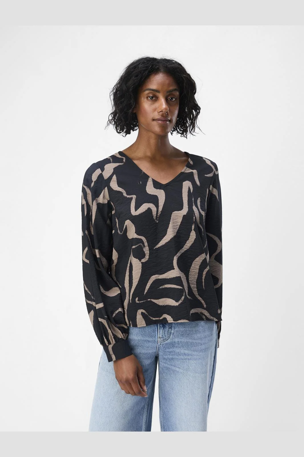 Object - Objjacira L/S V-Neck Top - 4637839 Black Desert Taupe Abstract Flower Col - Image 2