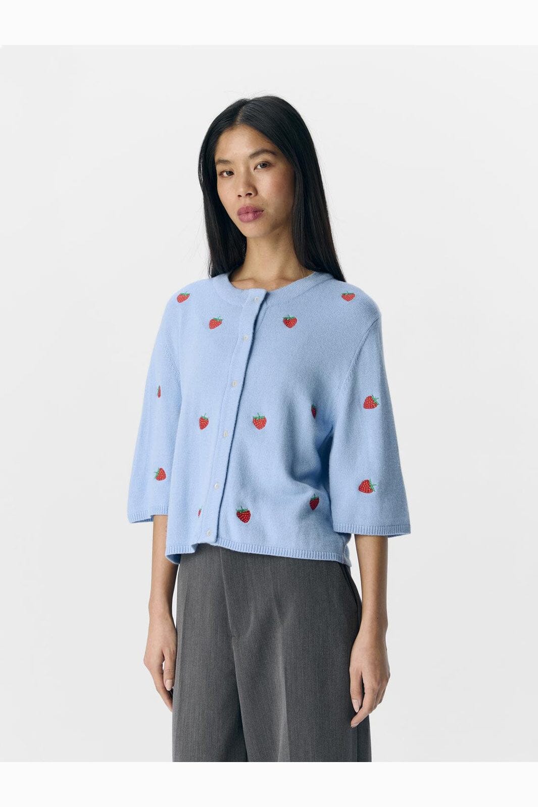 Object - Objthess 3/4 Sleeve Cardigan - 4621041 Serenity Strawberry Embroidery - Image 2
