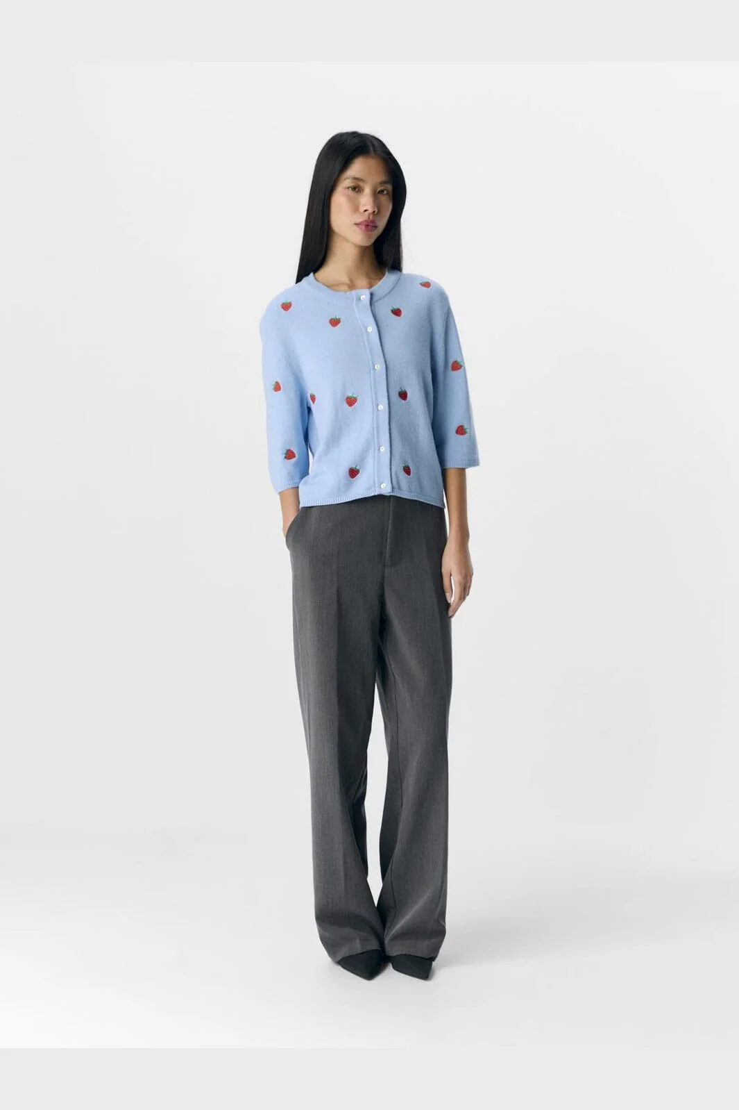 Object - Objthess 3/4 Sleeve Cardigan - 4621041 Serenity Strawberry Embroidery - Image 3
