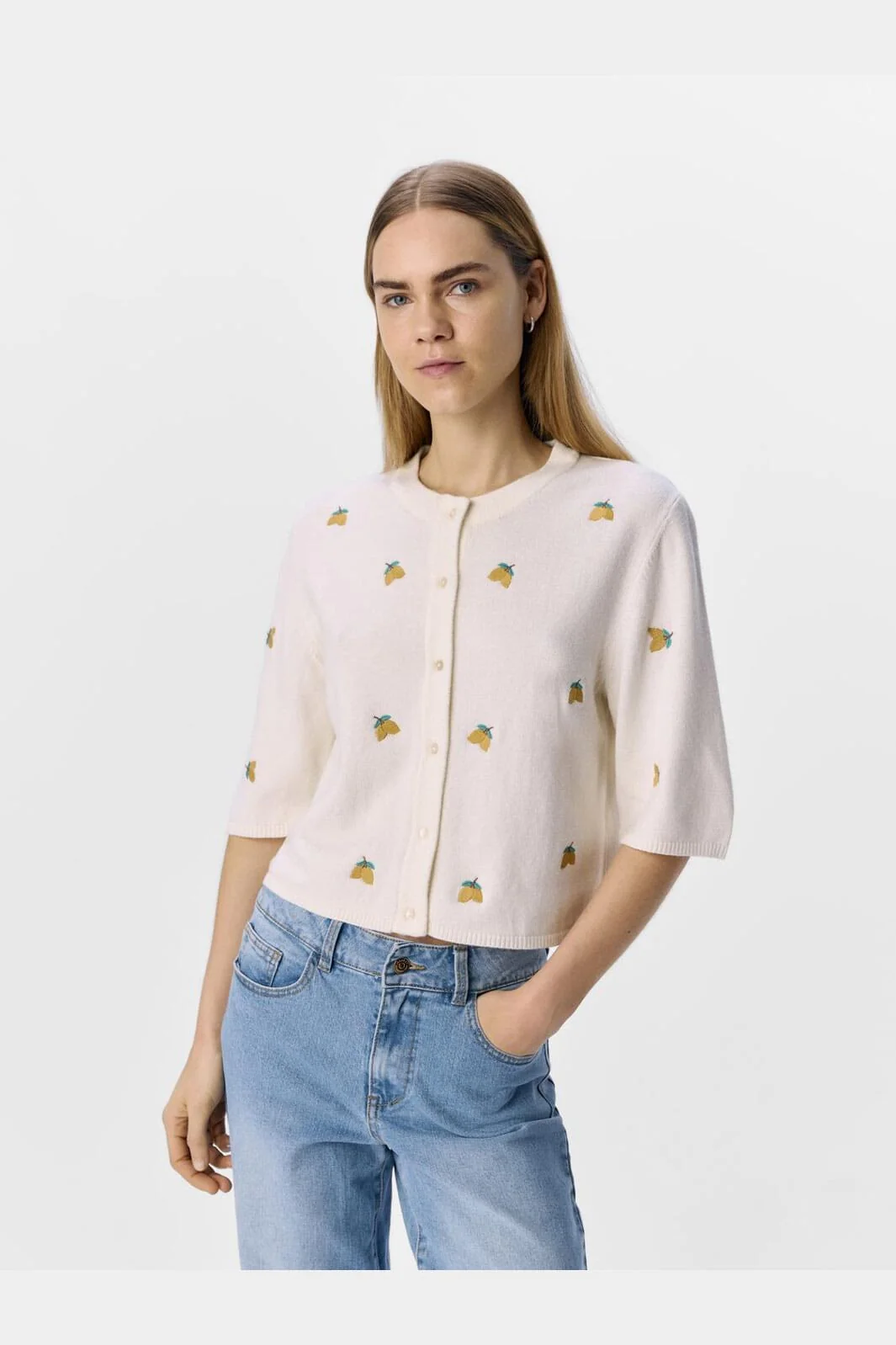 Object - Objthess 3/4 Sleeve Cardigan - 4782493 Cloud Dancer Lemon Embroidery - Image 2