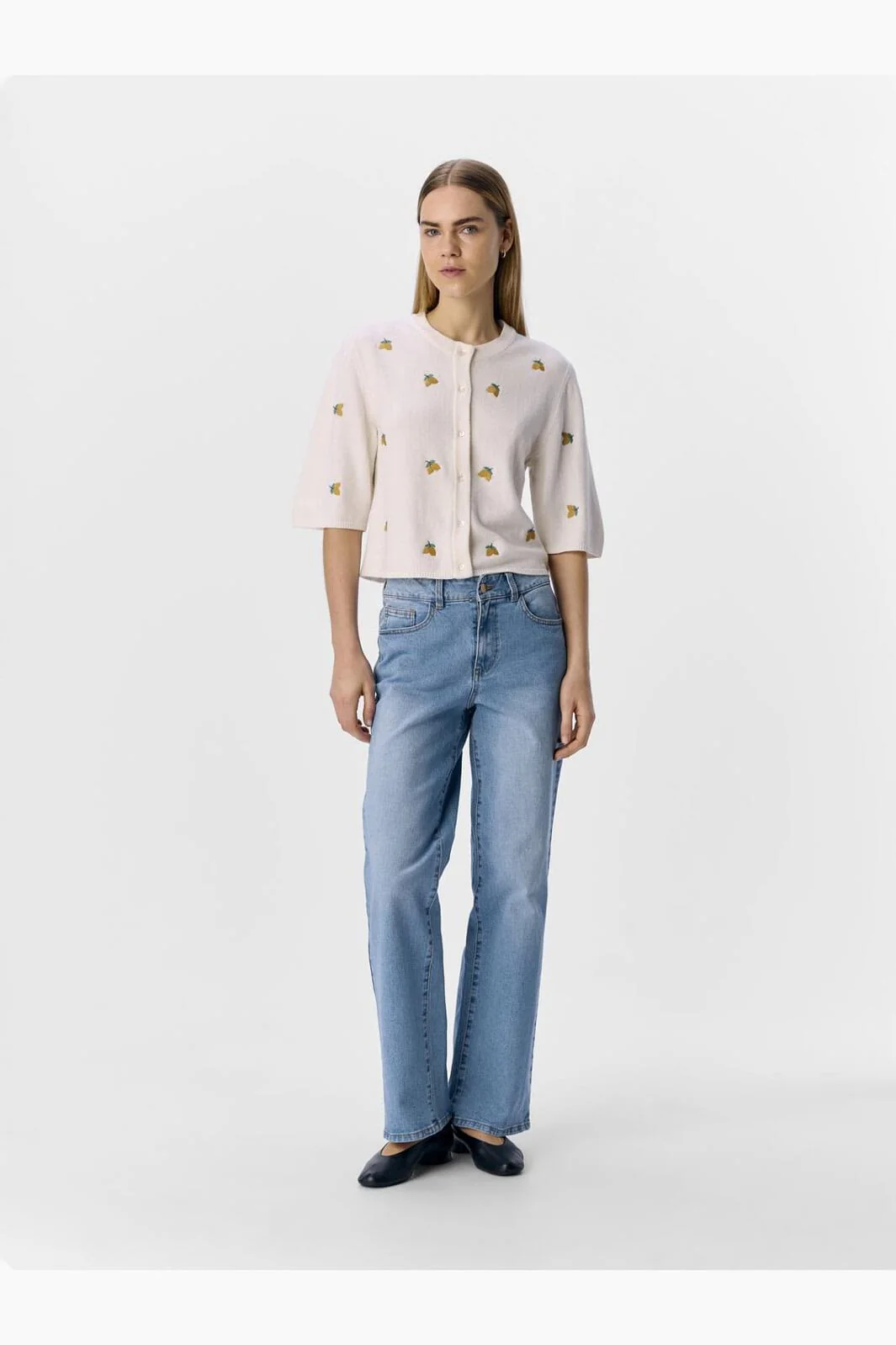 Object - Objthess 3/4 Sleeve Cardigan - 4782493 Cloud Dancer Lemon Embroidery - Image 3