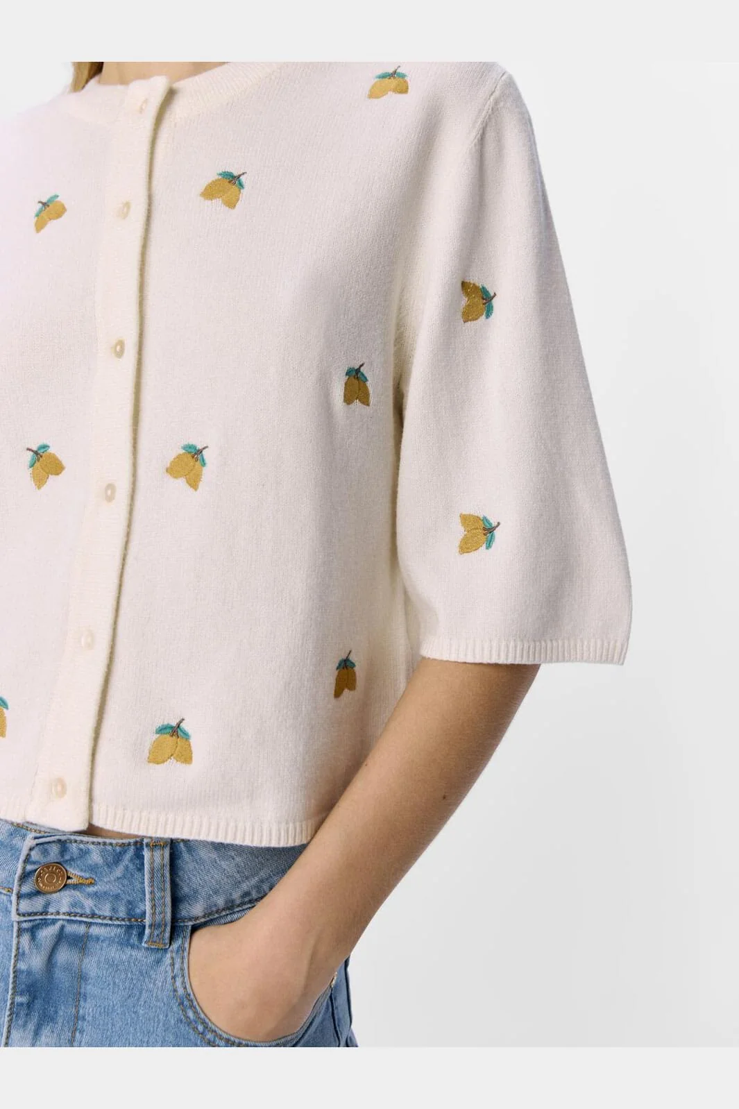 Object - Objthess 3/4 Sleeve Cardigan - 4782493 Cloud Dancer Lemon Embroidery - Image 5