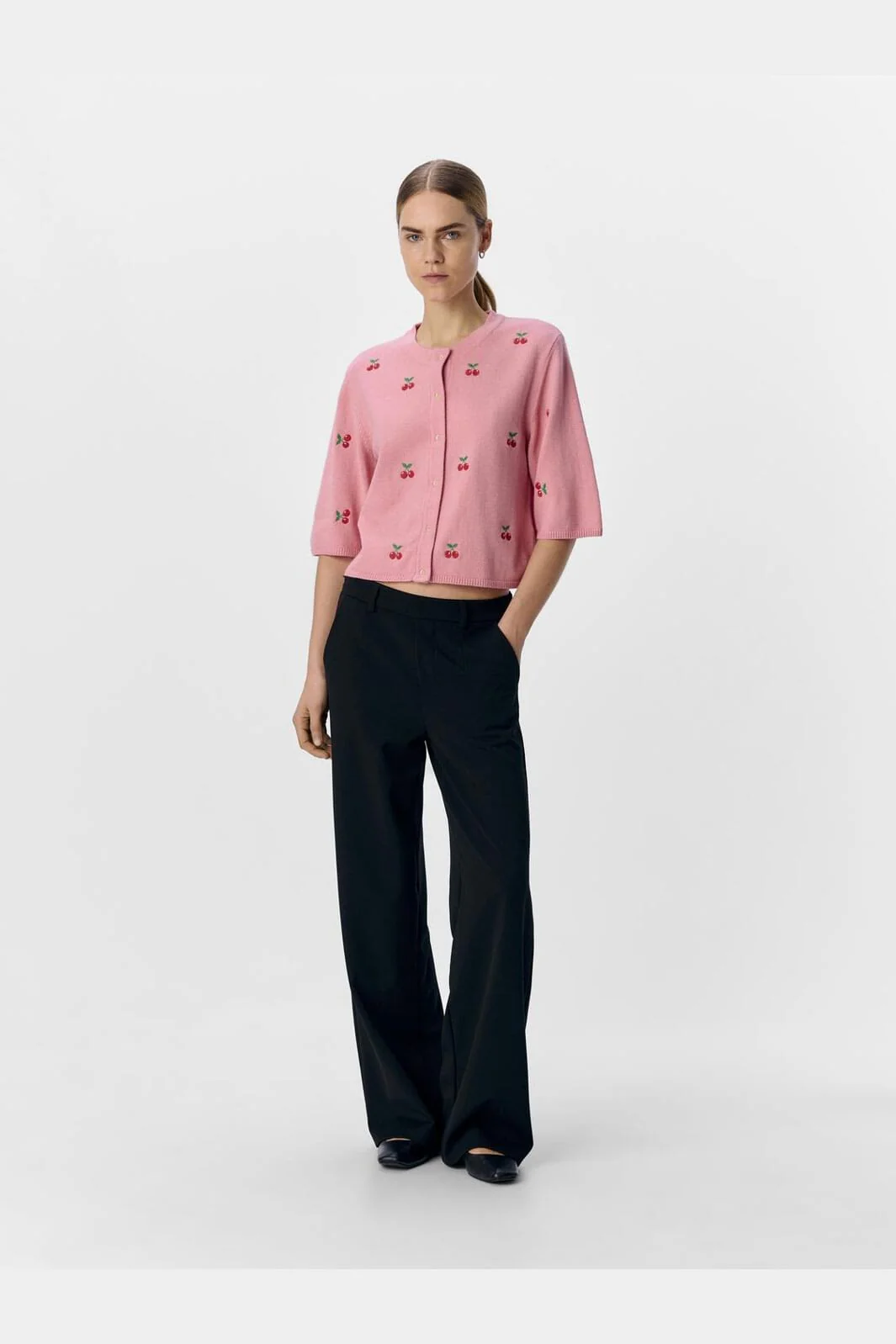 Object - Objthess 3/4 Sleeve Cardigan - 4782513 Rose Elegance Cherry Embroidery - Image 3