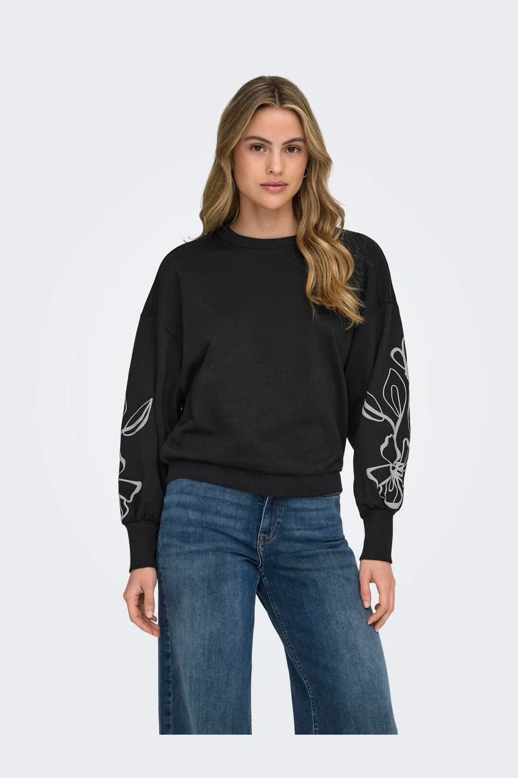 Only - Onlbrooke L/S O-Neck Flower Swt - 4989287 Black Magnolia Flower Sleeve Puff - Image 2