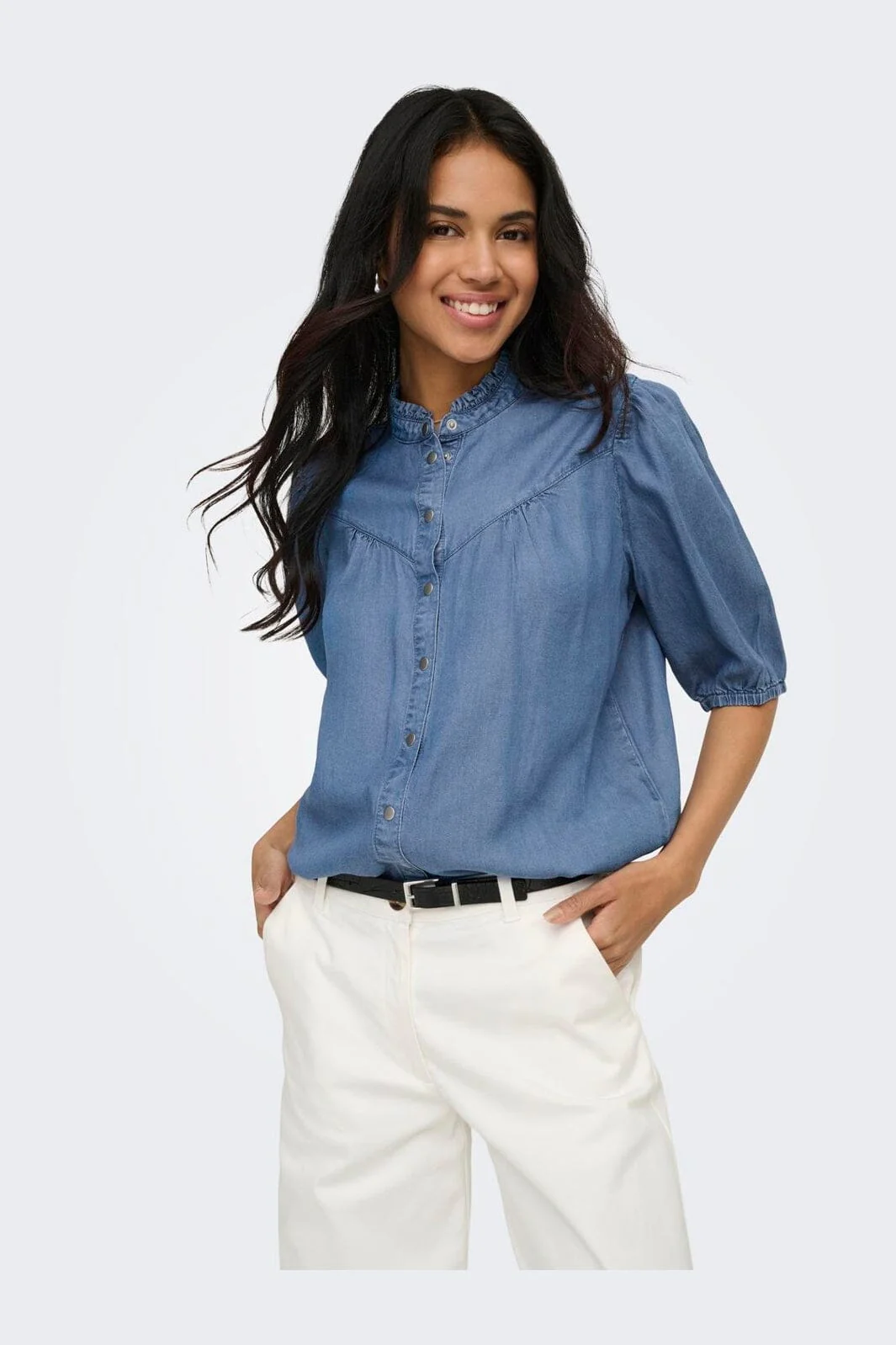 Only - Onlcharis Life 2/4 Frill Shirt Cc - 4910874 Medium Blue Denim - Image 7