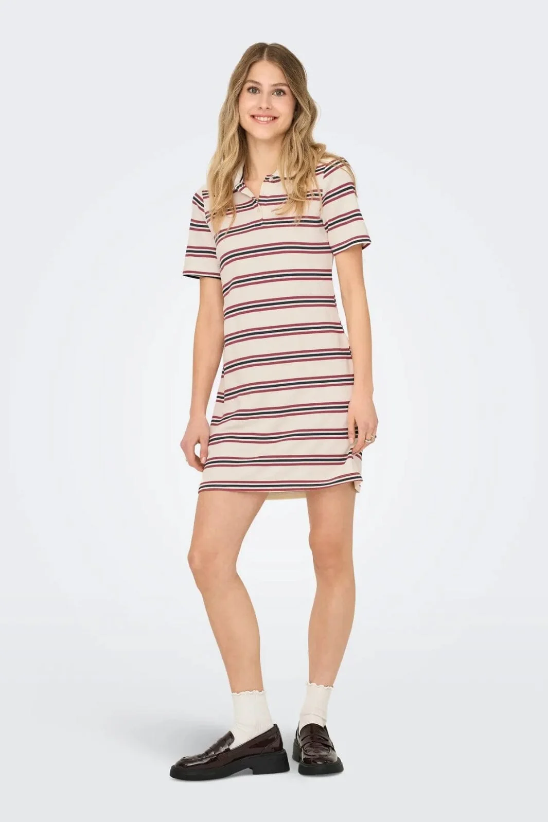 Only - Onlevie S/S Polo Dress 15357166 - 4848808 - Antique White Navy Blazer+Ruby Wine - Image 2