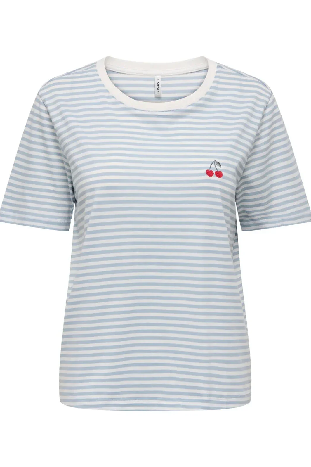 Only - Onlhappy Life S/S Emb Top - 5030049 Cloud Dancer Soft Chambray + Cherry