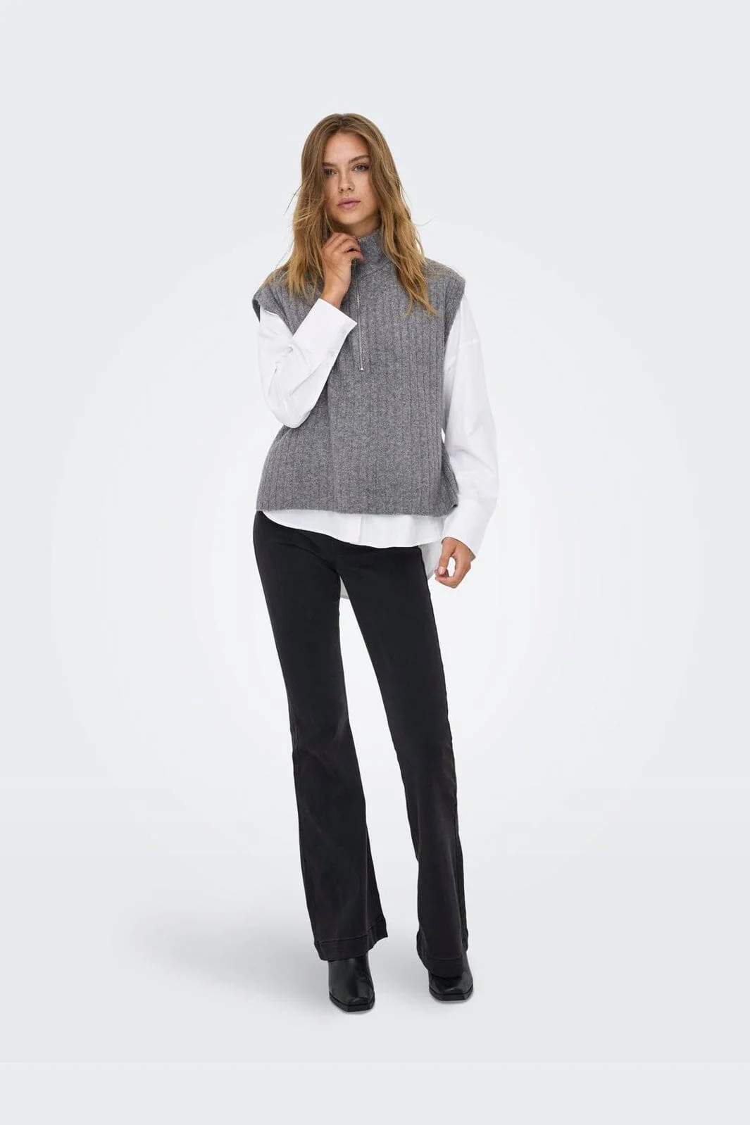 Only - Onljeanett Life Sl Rib Highneck Knt - 4879359 Medium Grey Melange - Image 3