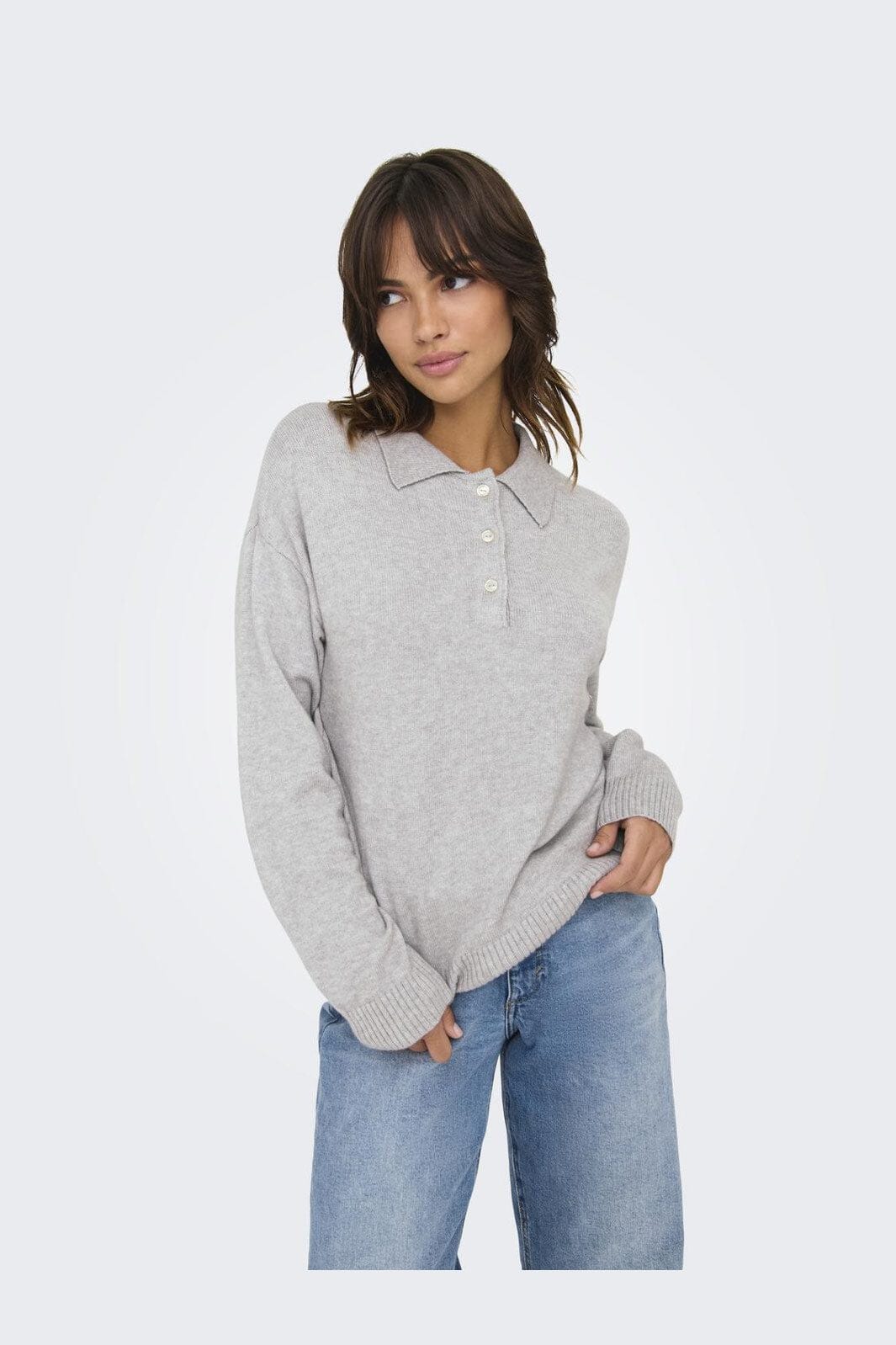 Only - Onllana Polo Ls Pullover Knt - 4845166 Light Grey Melange - Image 6
