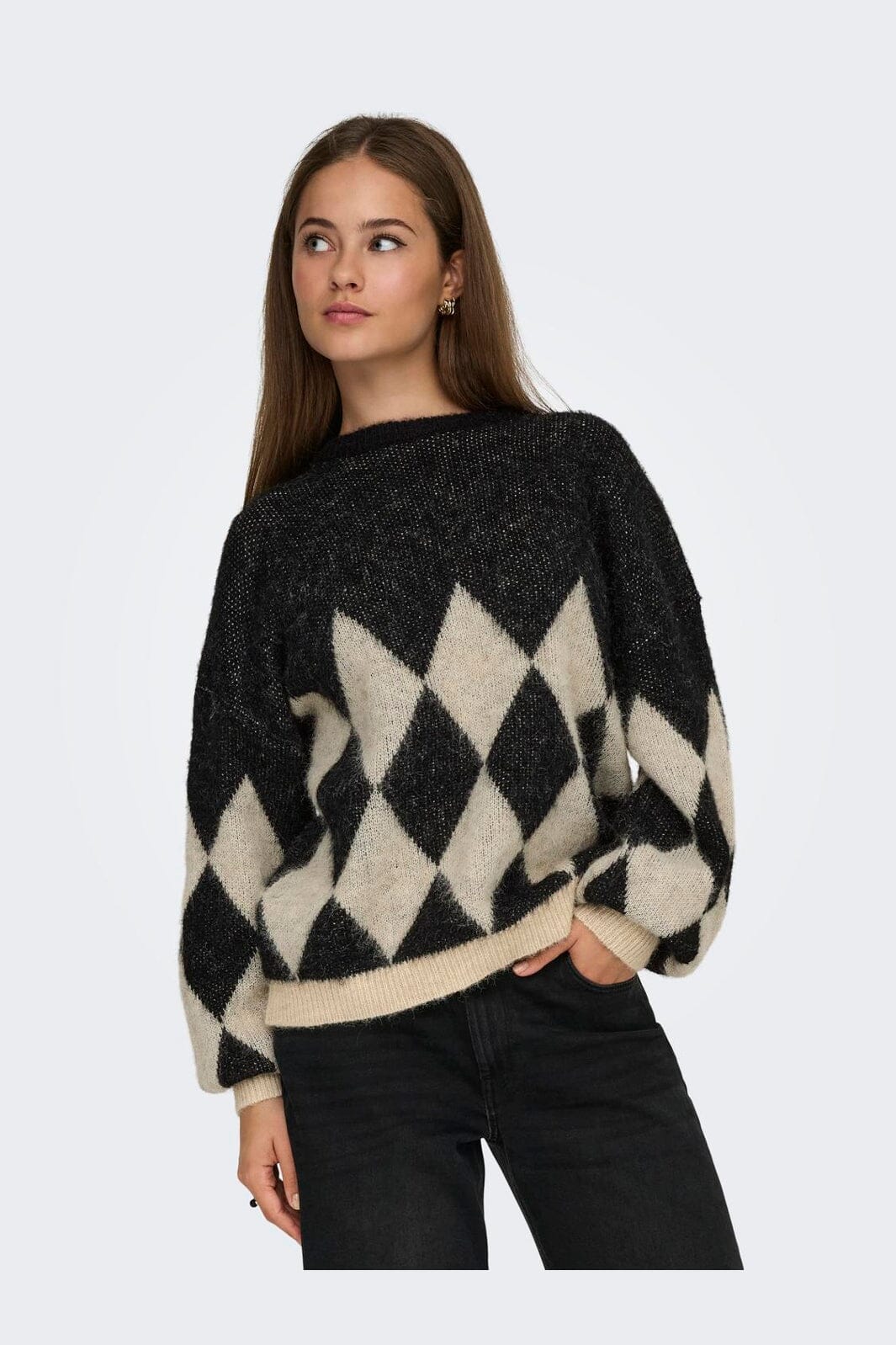 Only - Onlnoeme Life Ls Jq O-Neck Nca Knt - 4895268 Black Biscotti/Melange/Harlekin - Image 6