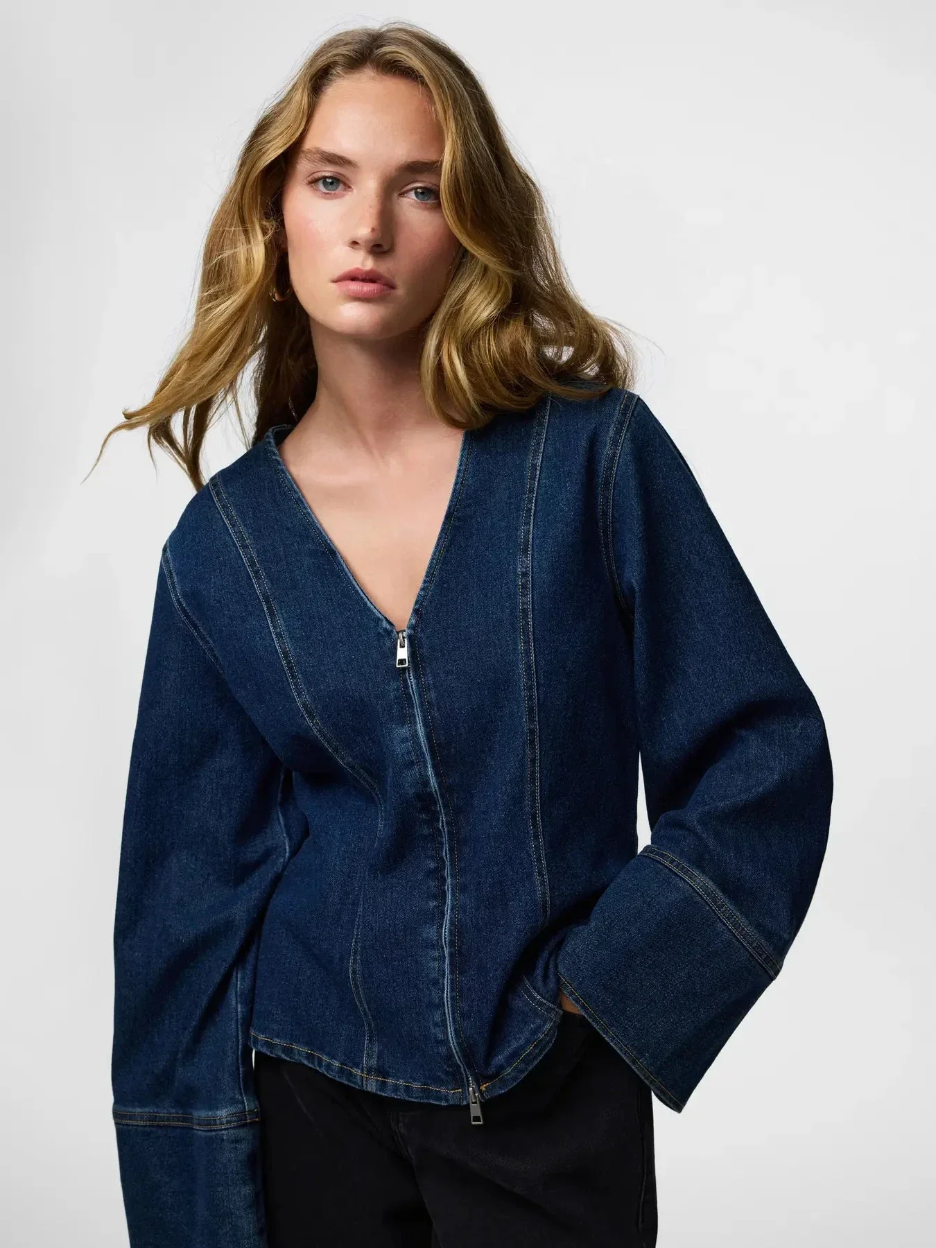 Pieces - Pcflora Ls Denim Shirt - 4930956 Dark Blue Denim - Image 7