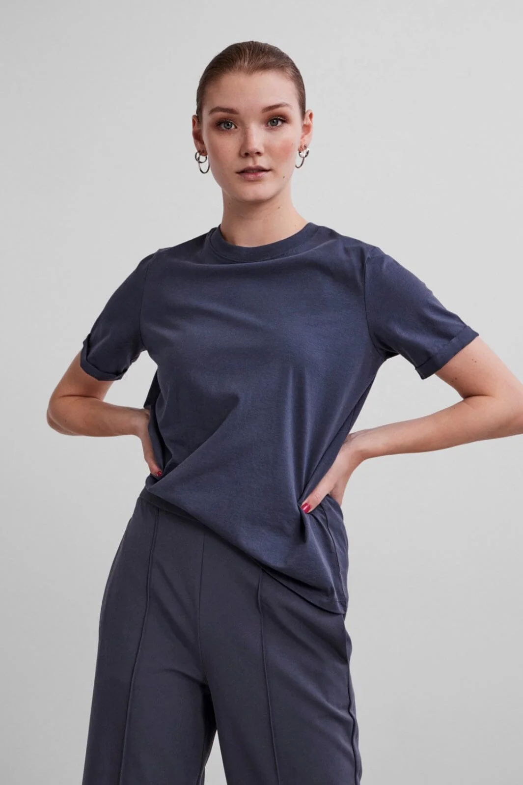 Pieces - Pcria Ss Fold Up Solid Tee - Ombre Blue - Image 3
