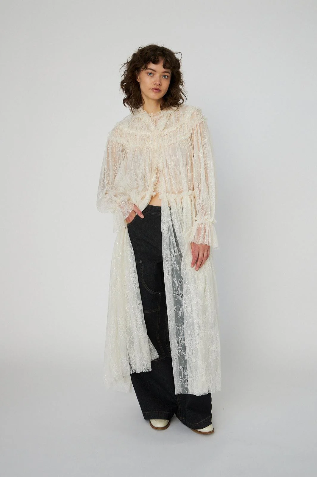 Stella Nova - Sheer Lace Maxi Cape Dressls54-4306 - 029 Creme - Image 3