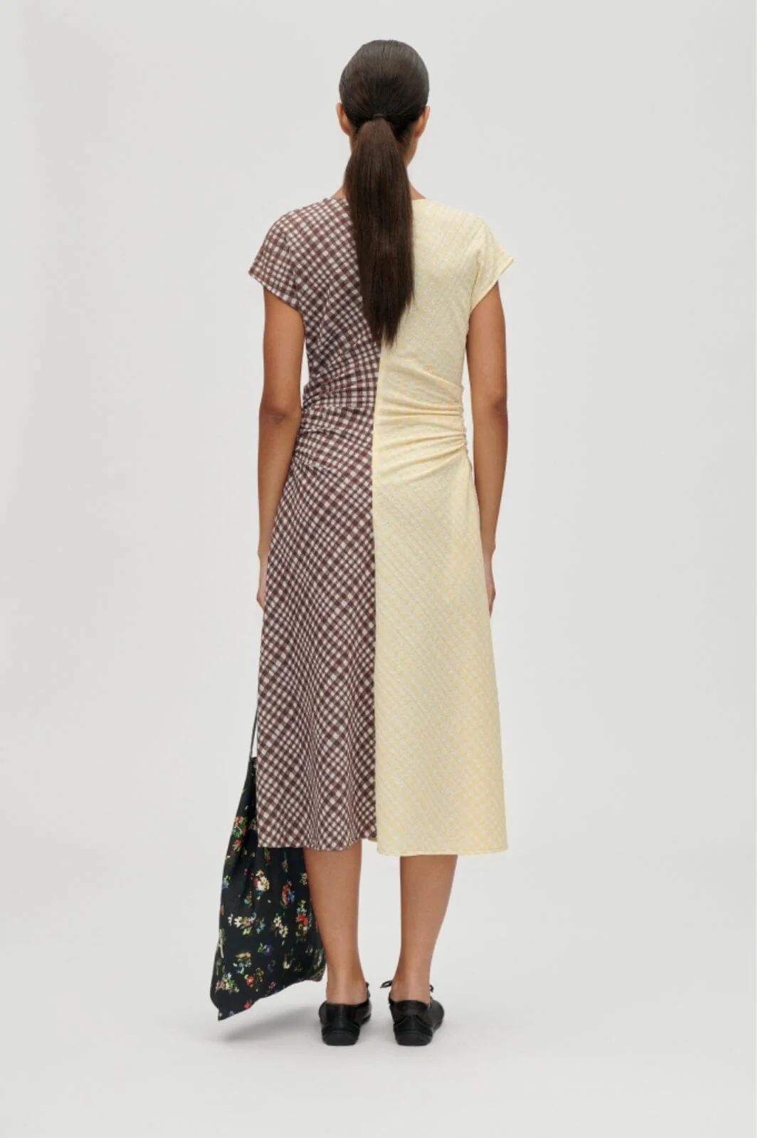 Stine Goya - 2118 Checkered Jersey, Ruched Waist Midi Dresssg-aw25-d156-2118 - Brown And Yellow Checks - Image 3