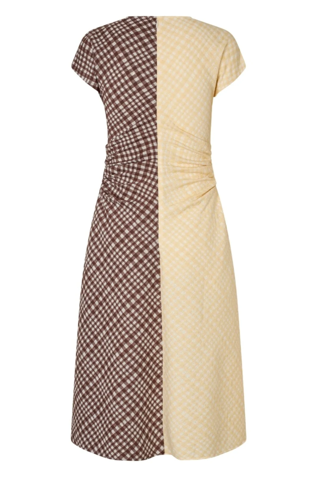 Stine Goya - 2118 Checkered Jersey, Ruched Waist Midi Dresssg-aw25-d156-2118 - Brown And Yellow Checks - Image 4