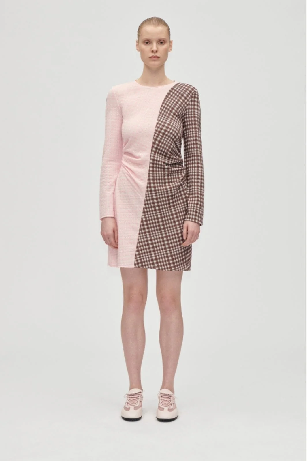 Stine Goya - 2118 Checkered Jersey, Ruched Waist Short Dresssg-aw25-d157-2118 - Brown And Pink Checks - Image 2