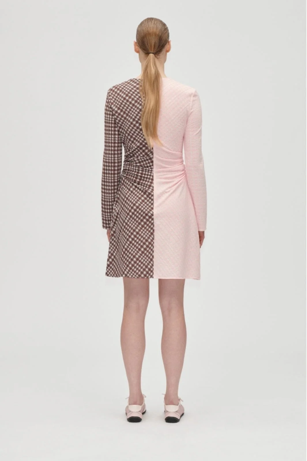 Stine Goya - 2118 Checkered Jersey, Ruched Waist Short Dresssg-aw25-d157-2118 - Brown And Pink Checks - Image 3
