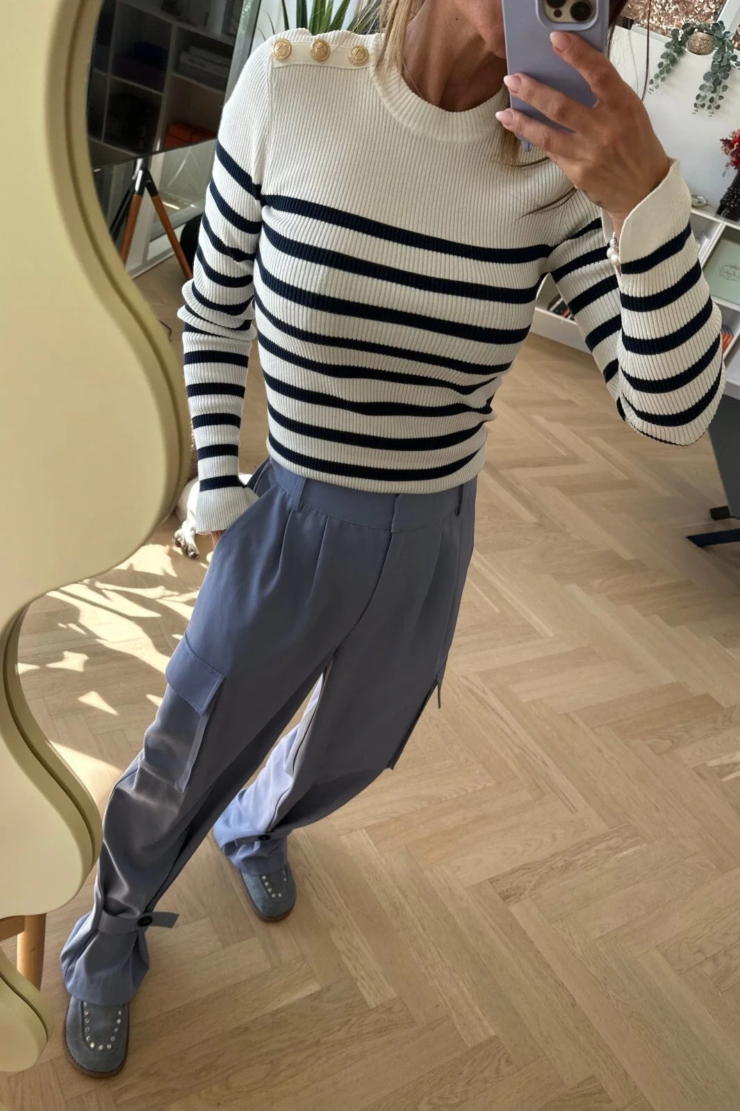 Valentin Studio - Gold Button Knit Blouse - Navy Stripe - Image 3